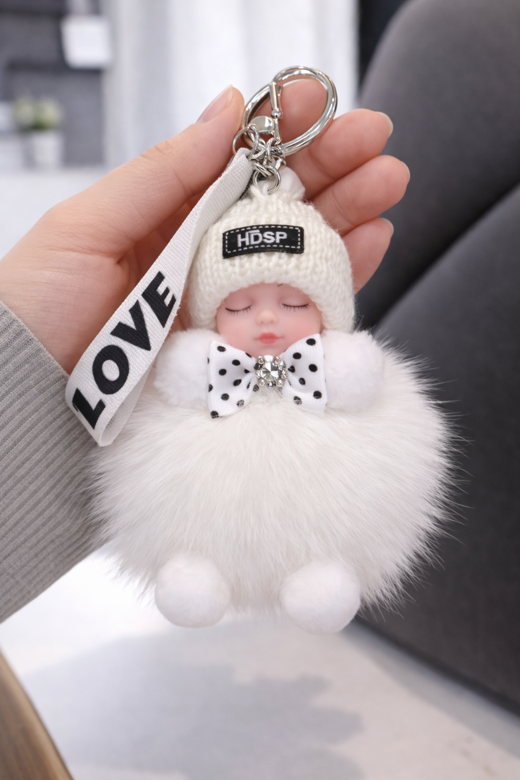 Cute Plush Doll Bag Charm or Keychain - White Color